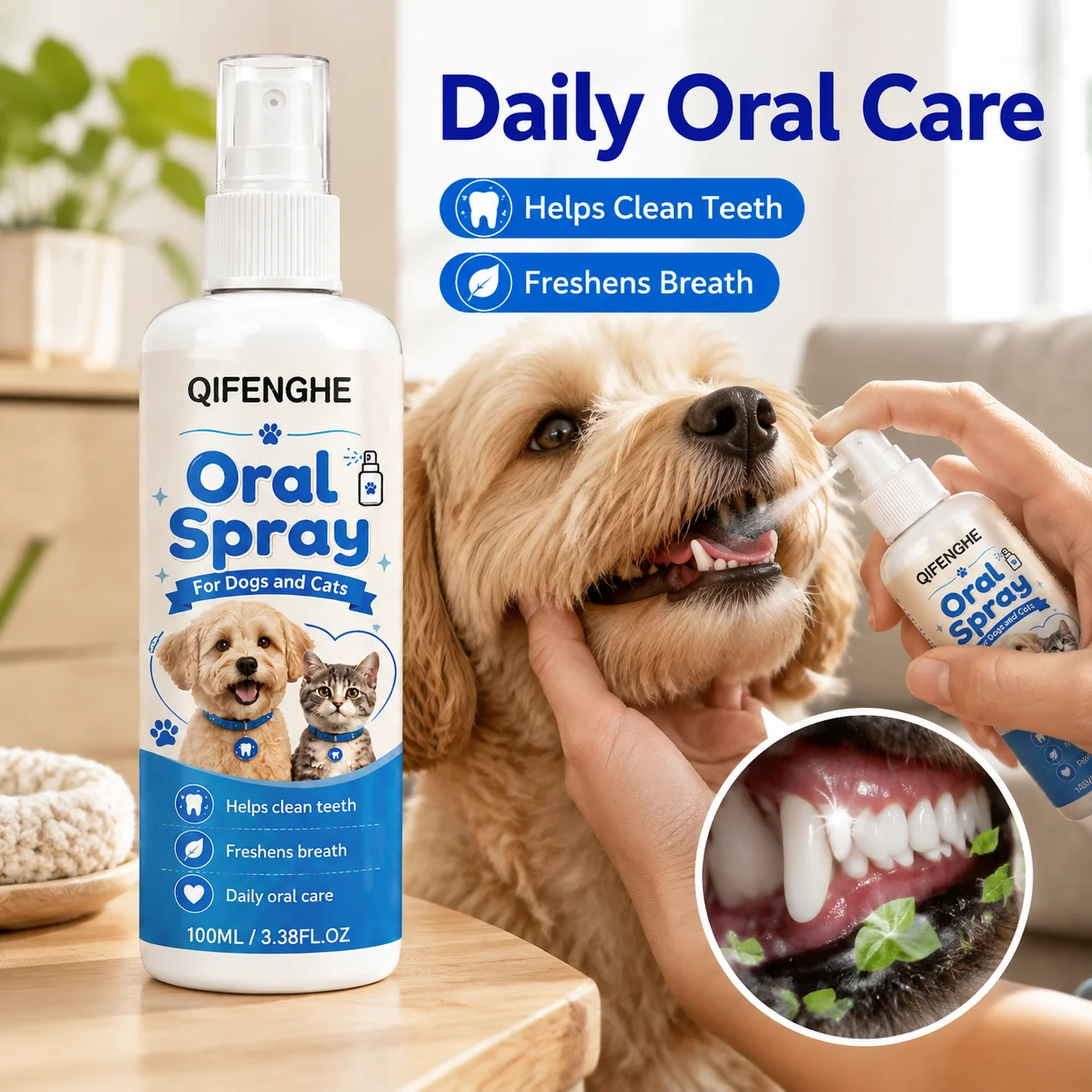 QIFENGHE Pet Oral Spray 100ml for Dogs & Cats, Pet Mouth Freshener Spray, Helps Clean Teeth, Easy Daily Pet Oral Care