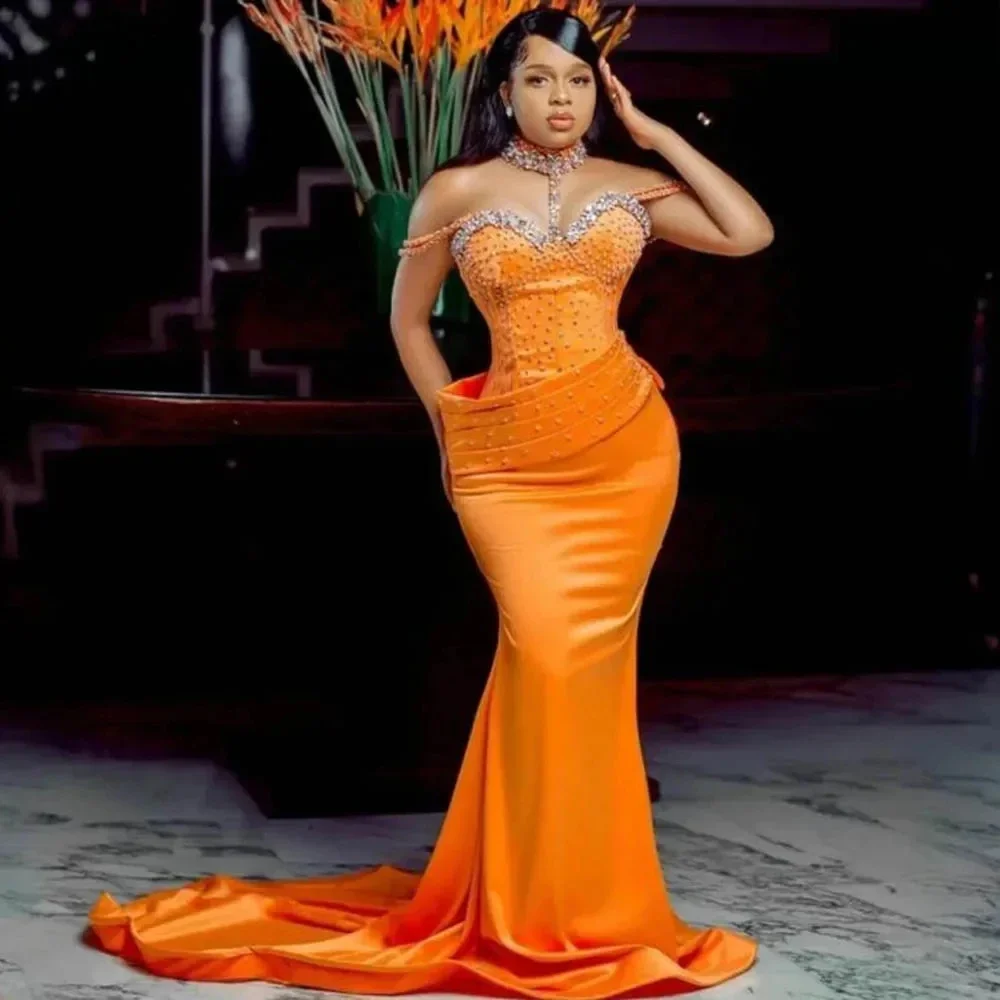 New Orange Off Shoulder Mermaid Evening Dress Summer Celebrity Party Dress Sparkling Crystal Formal Ball Dress Customization