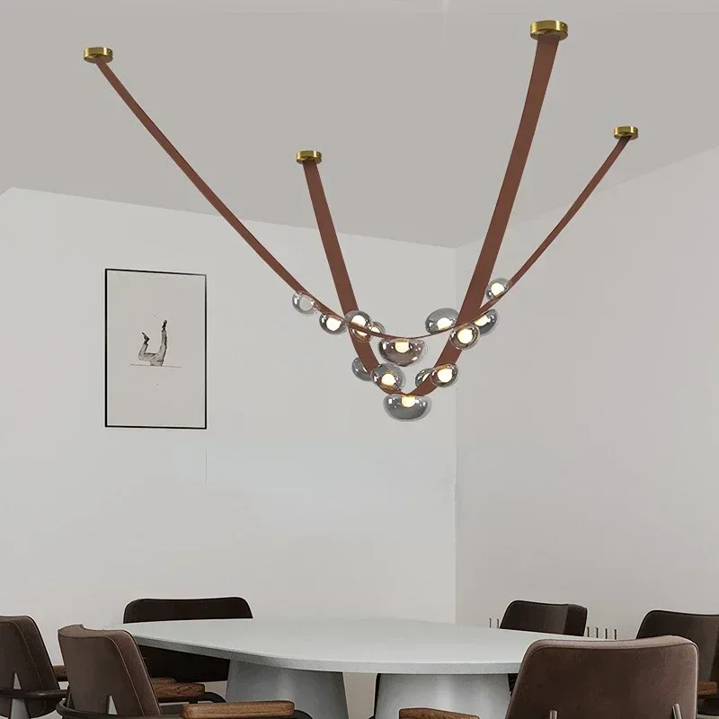 Modern Led Smoke Glass Pendant Light Designer Leather Belt Chandelier Living Room Dining Room Decor