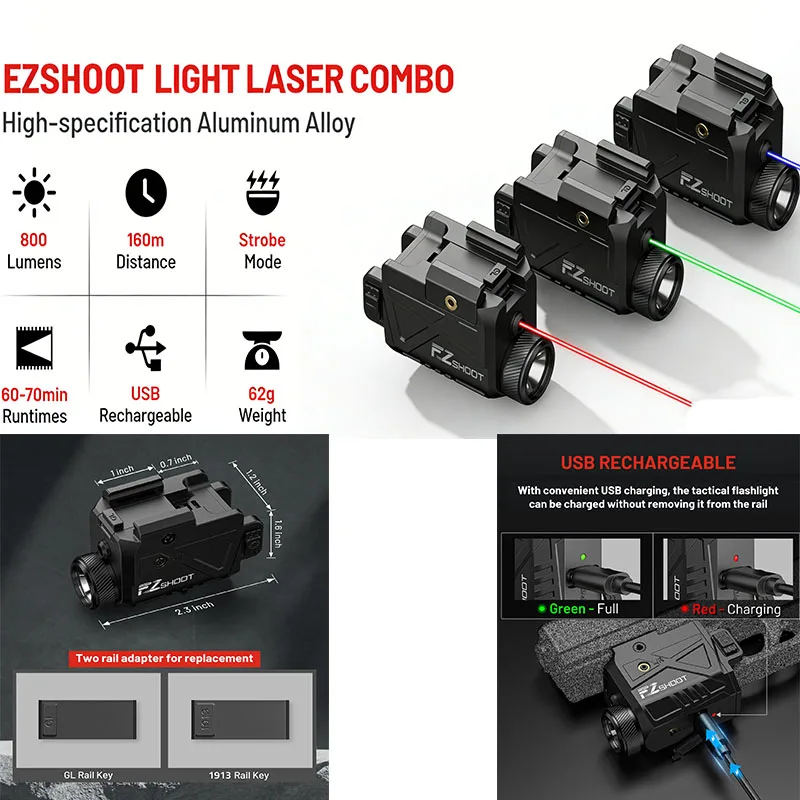 

EZshoot 800 Lumens Light Rechargeable Flashlight Combo for Pistol with Slidable Rail Compatible with G-lock and Picatinny