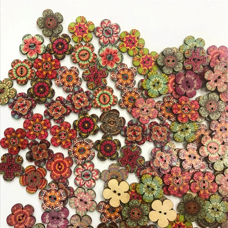 Flower Wooden Buttons for Clothing, DIY Sewing, Scrapbooking Decor, Craft, Needlework Accessories, Retro Series, 20-25mm, 50Pcs