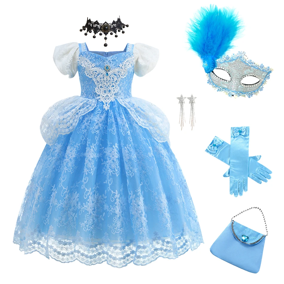 Cinderella Princess Dress Girls Blue Lace Mesh Puffy Gowns Girls Christmas Birthday Party Dress Halloween Outfits