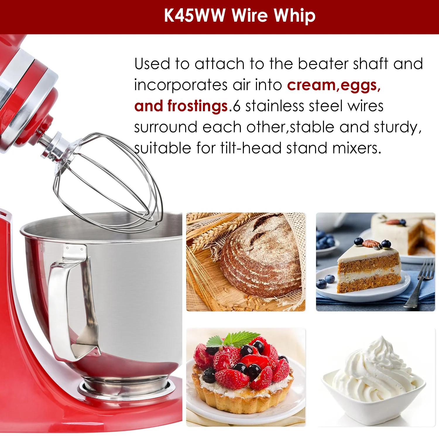 K45WW Steel Wire Whip for KitchenAid Artisan Series Tilt-Head Mixer 4.5 & 5 Quart Bowl 6 Wire whisk