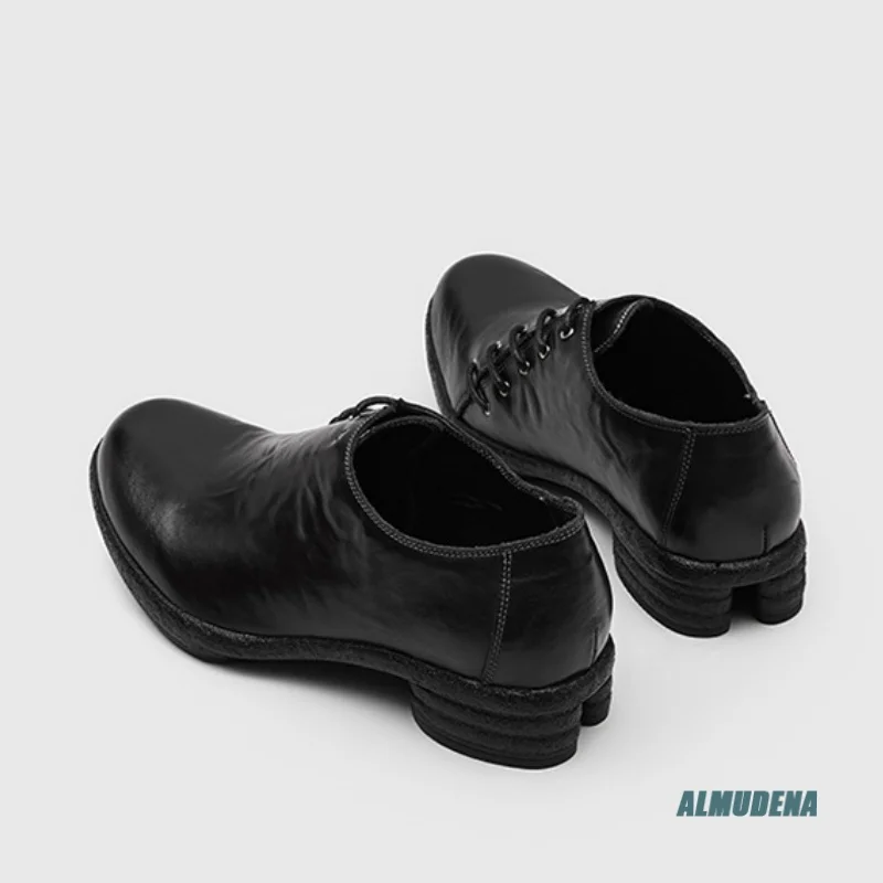 Diagonal Lace-Up Round Toe Low-Heel Black Dress Shoes Men's Ruched Detail Street Style Urban All-Season Office Casual Shoes