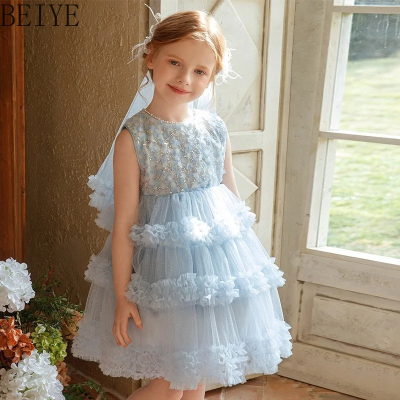 

Party Summer Princess Gown Dress Korean Style Children's High Street Clothing Sleeveless Birthday Party Sweet Cute Cake Dress