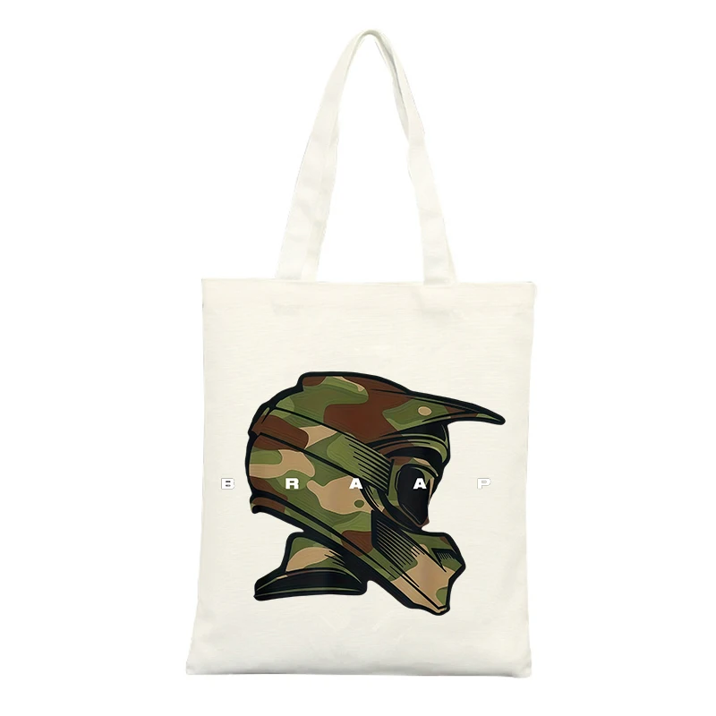 Canvas Tote Bag with Camouflage Helmet Graphic, Streetwear Style for Casual Daily Use