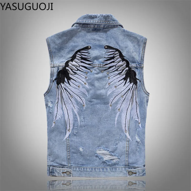 

Men's Streetwear Fashion Angle Wings Motorcycle Biker Slim Fit Denim Vest Rivets Patches Motor Rider Jeans Sleeveless Jacket Men