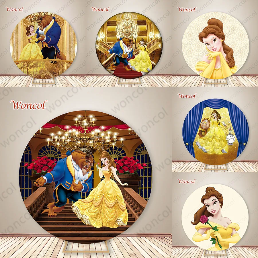 Princess Belle Baby Shower Round Backdrop Girls Birthday Backdrop Beauty And The Beast Belle Circle Cover Decor Photocall Prop