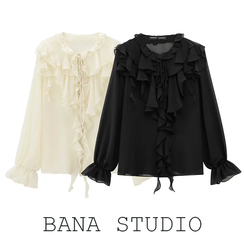 

BANA Женский Long Sve V-Ne eer irt Bla White Lace Trim Commute Sle Straight Cut OL Faion Spring Collection
