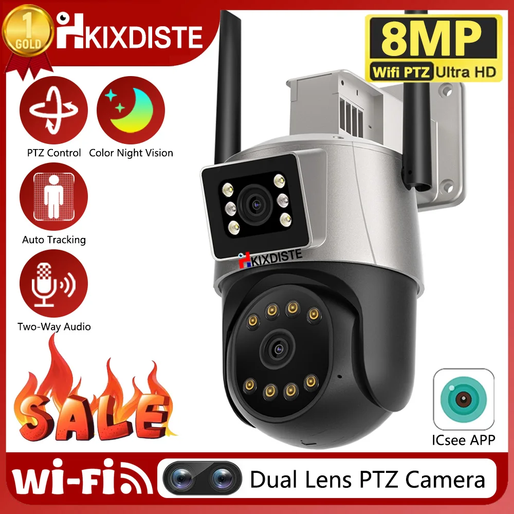 

4K 8MP Security Camera Dual Lens Dual Screen Outdoor PTZ Control WiFi Home Protection IP Cam PTZ CCTV Video Surveillance Icsee