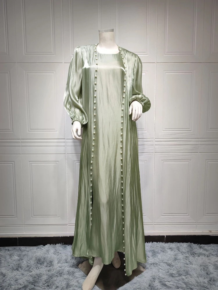 Caftán marroquí Abaya musulmán vestido de mujer conjunto de 2 piezas Abayas vestidos Dubai árabe seda satén Kimono cárdigan bata prendas de vestir