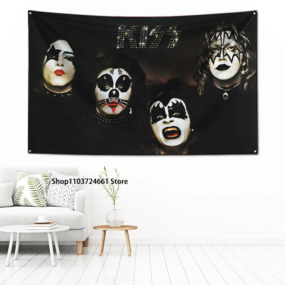 60x90cm Rock Band Kiss Flag Polyester Digital Printing Banner for Garage Wall Art Out Door Decoration