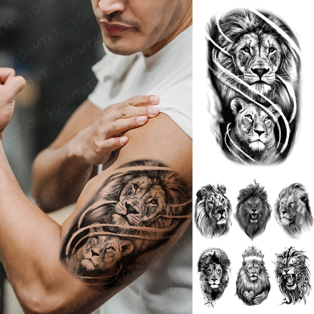 

Black Lion Waterproof Temporary Tattoo Sticker Realistic Sexy Body Art Sketch Pattern Men Women Tattoos Animal Arm Fake Tatoo