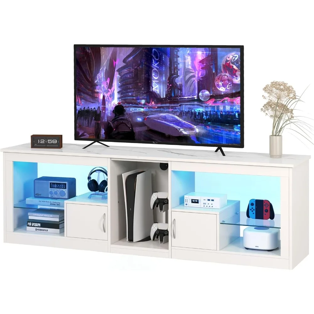 TV Stand with LED Lights for 65+ Inch TV, Gaming Entertainment Center for PS5, Modern TV Cabinet with Glass Shelves and Storage