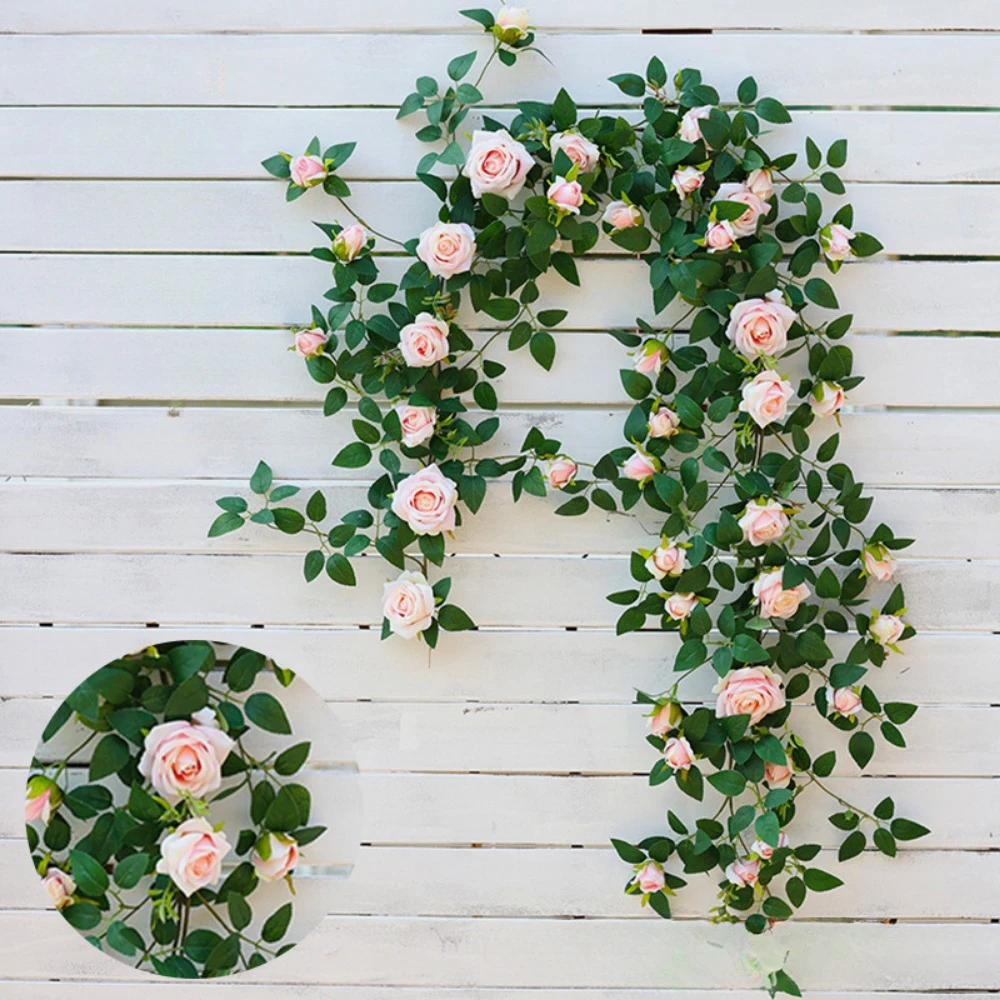 

1pc Artificial Flower Silk Rose Flower Head Green Leaves Vine Hanging Wall Wedding Party Decoration