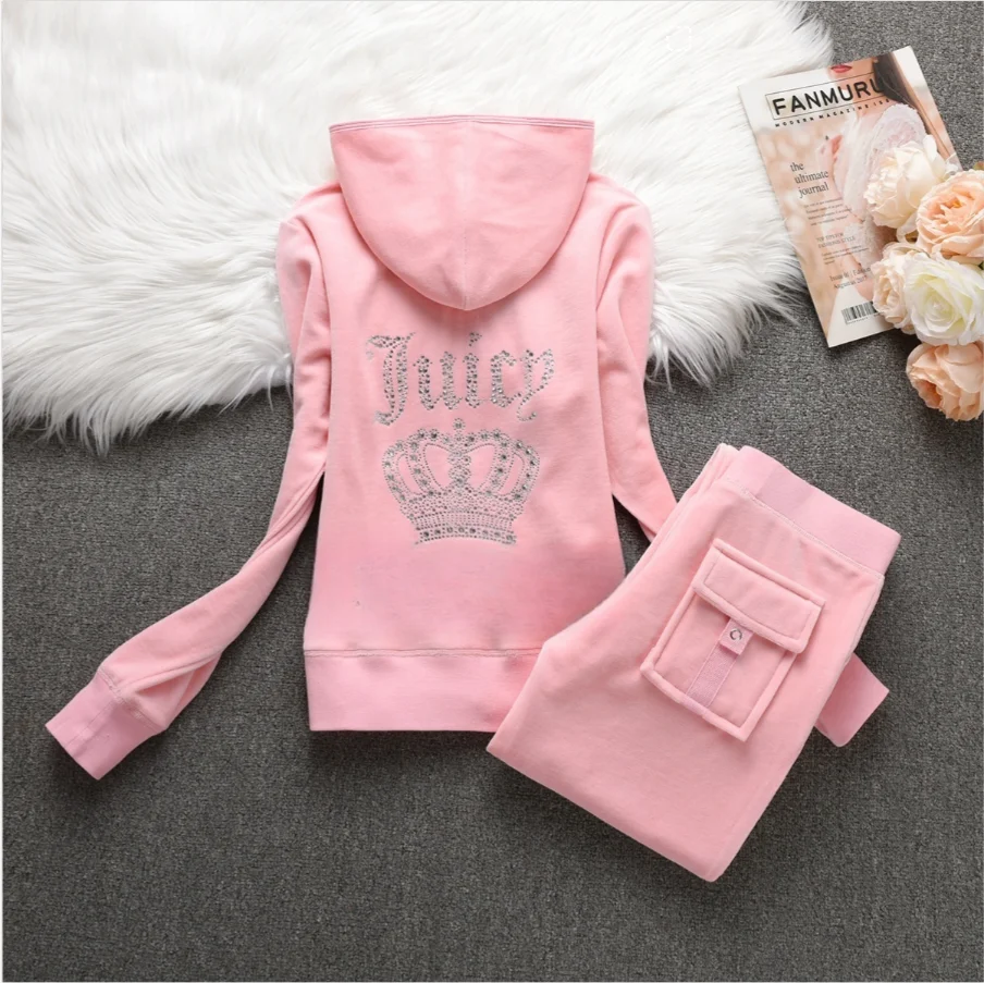 2025 JUICY Y2K Velvet Tracksuit Women New Sports Suit  Winter Casual Warm Hooded Jacket Y2K Women's Sports Velvet Pants Suit