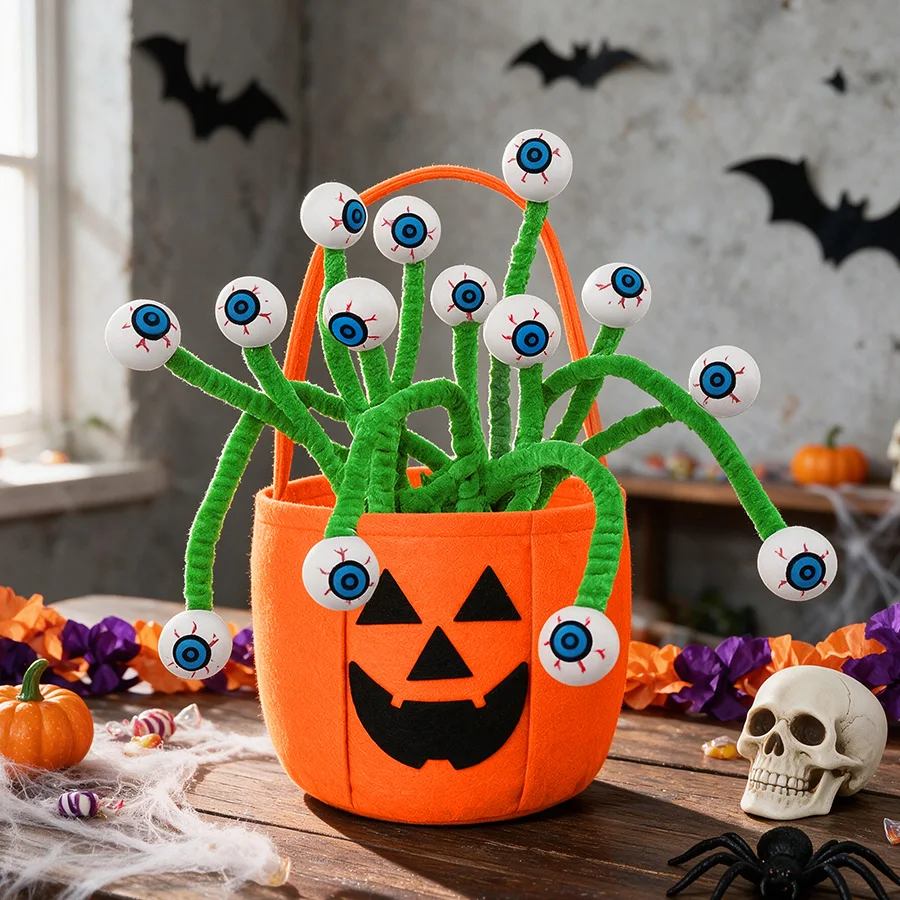 Halloween-Kürbis-Geschenktüten mit Augapfel-Drehstäbchen 2026 Halloween-Geburtstagsparty-Dekoration Süßigkeiten-Tüten für Süßes oder Saures
