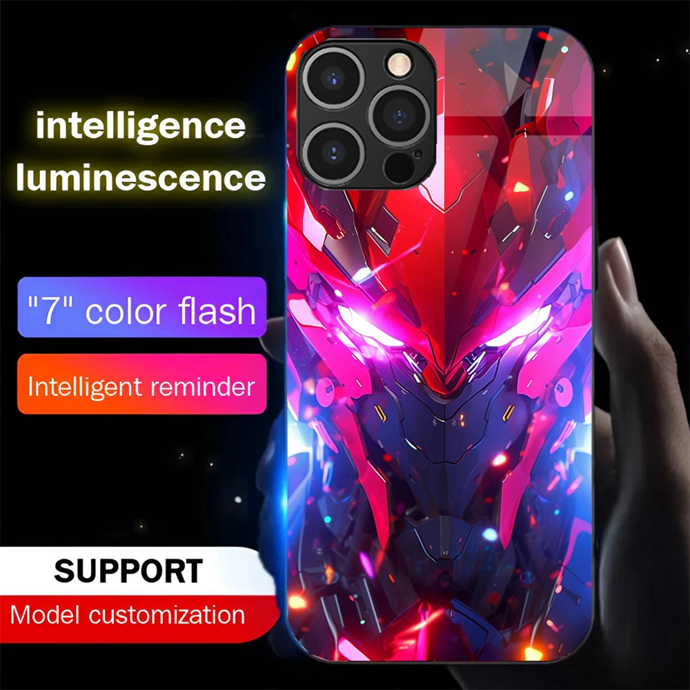 

Popular Punk Mech Luminous Phone Case LED Light Glass Shockproof Cover For iPhone 16 E 15 14 13 12 11 Pro Max XR XS Plus SE2020