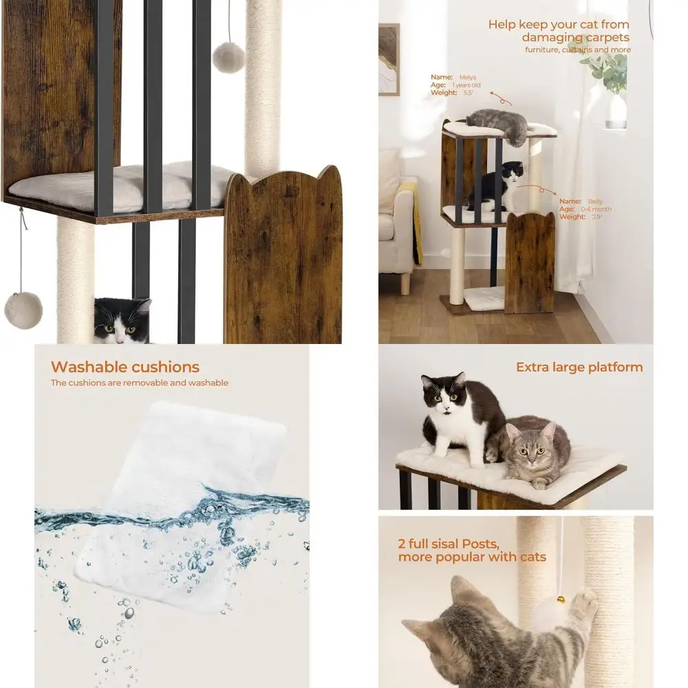 

35.4in 3-Level Modern Cat Tree with Scratch Posts and Big Plate, Rustic Brown