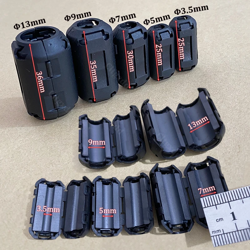 10Pcs 3.5/5/7/9/13/15mm Ring Core Ferrite Bead Clamp Choke Coil EMI RFI Noise Filter Clip Snap Cable for Black Magnetic Snap-on