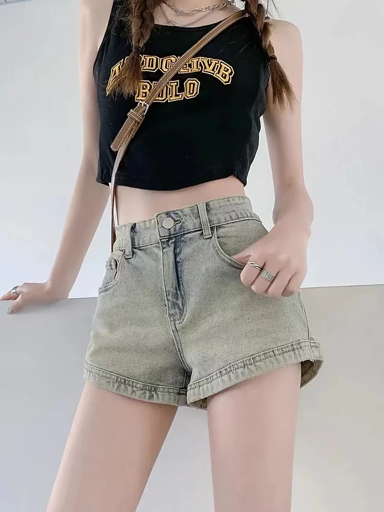 Pantalones cortos vaqueros de verano para mujer, ajustados con cremallera, Retro, corte en A, lavados, estilo americano, chicas calientes, ropa de calle que combina con todo, elegante Ins 2025