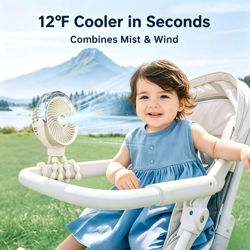 Portable Stroller Fan with Spray Cooling, Rechargeable Small Clip on, 4 Speed 360 Rotation Quiet Personal Cooling Fan for Travel