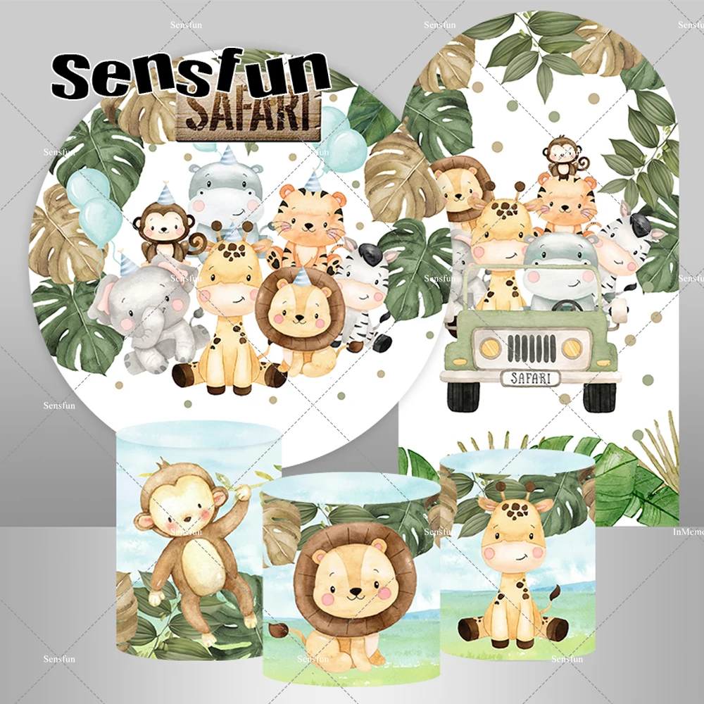 

Green Leaves Safari Jungle Round Backdrop Cover for Kids Birthday Party Circle Background Driving Car Animals Arch Banner