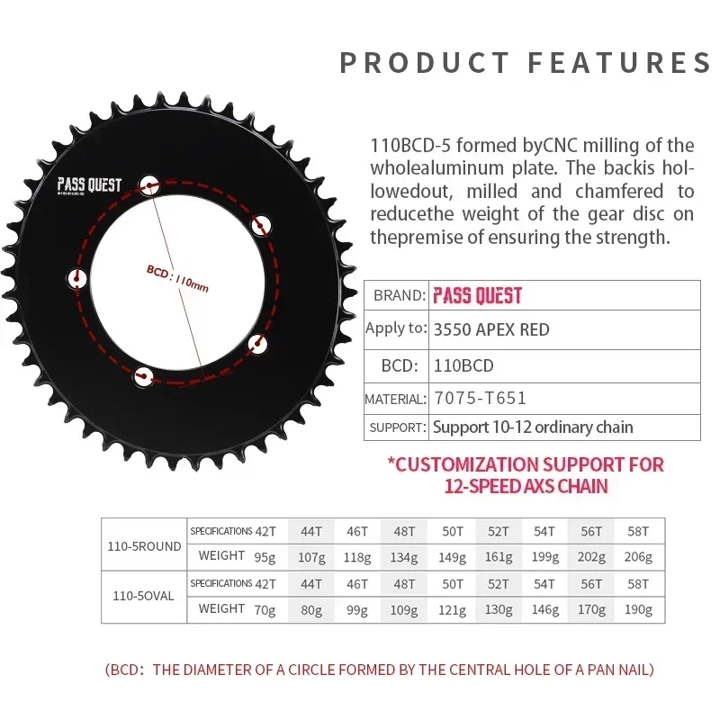 PASS QUEST 110BCD 5-Claws AERO Narrow Wide Chainring for DA7950 Ut6750 105 tiagra4650 FSA 3D+ Road Bike gravel folding 9-12Speed