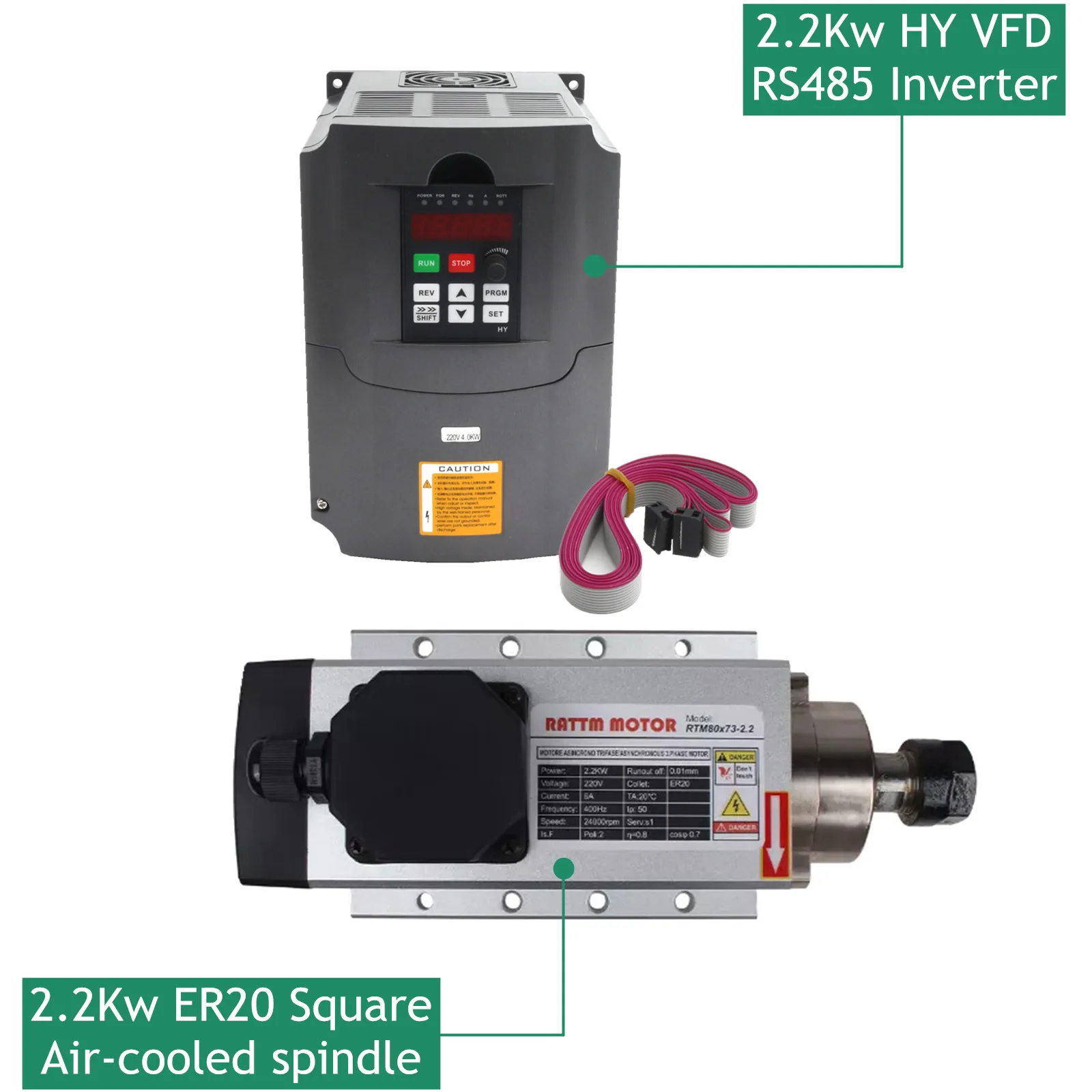 

【CN/EU】Square 2.2KW Air Cooled CNC Kit spindle motor ER20 400HZ 24000RPM Runout off 0.01mm+ HY inverter VFD RS485 for CNC Router