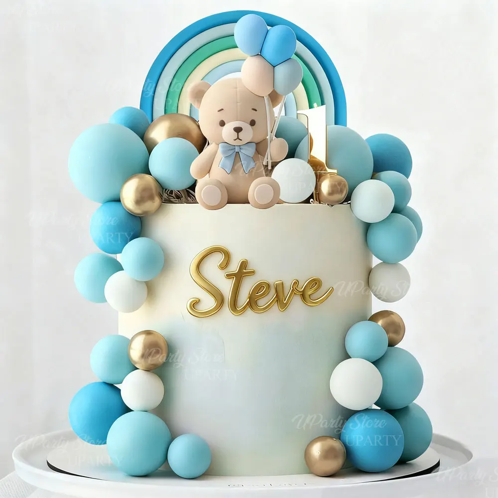 1 ensemble de décorations de gâteau ours ballon à Air bleu, boules en mousse arc-en-ciel bleues, ballons de remise d'ours pour anniversaire, réception-cadeau pour bébé, décor de gâteau de fête