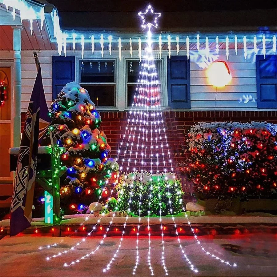 EU Plug 8 Modes 9x2M 193LEDs Stars Waterfall String Lights Outdoor Christmas Garland Fairy Lights for Party Wedding Garden Decor
