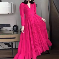 Runway Elegant Autumn Chiffon Floral Dress Vintage Women Sexy Deep V Neck Flowers Print Puff Sleeve Female Belt Long Vestidos