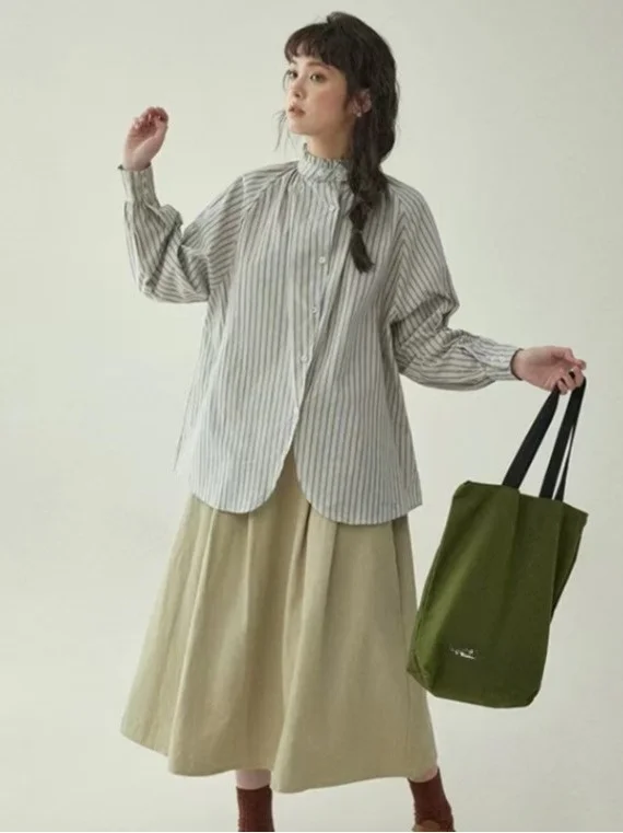 Azul listrado feminino longo sve irt gola francês sle algodão poliéster mistura resistente à deformação primavera temporada