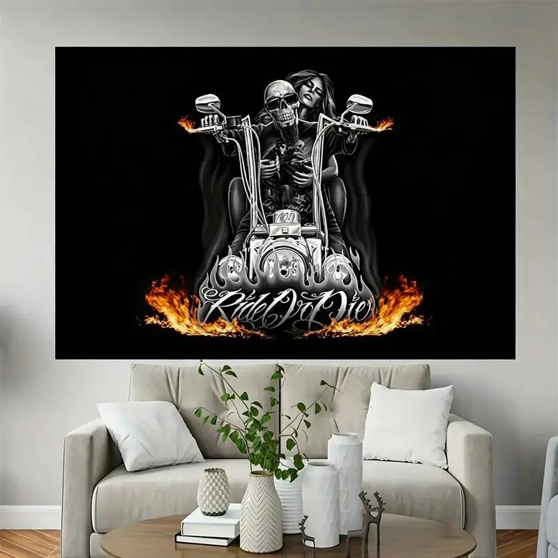 VIKAMA Skeleton Couple Motorcycle Flame Wall Tapestry Polyester Wall Hanging for Bedroom Dorm Music Game Room Gothic Home Decor
