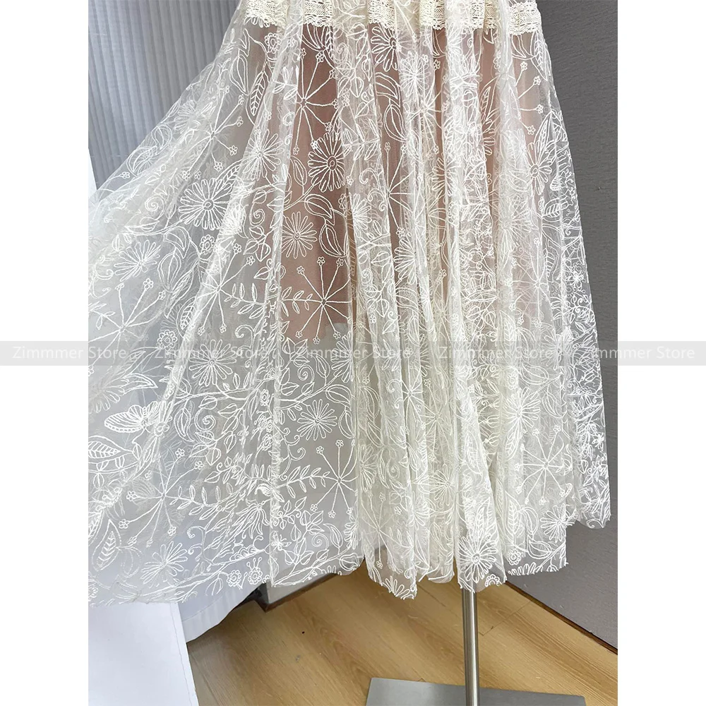 Vietnam niche design heavy lace white small dress embroidered flowers waisted strapless mesh dresses