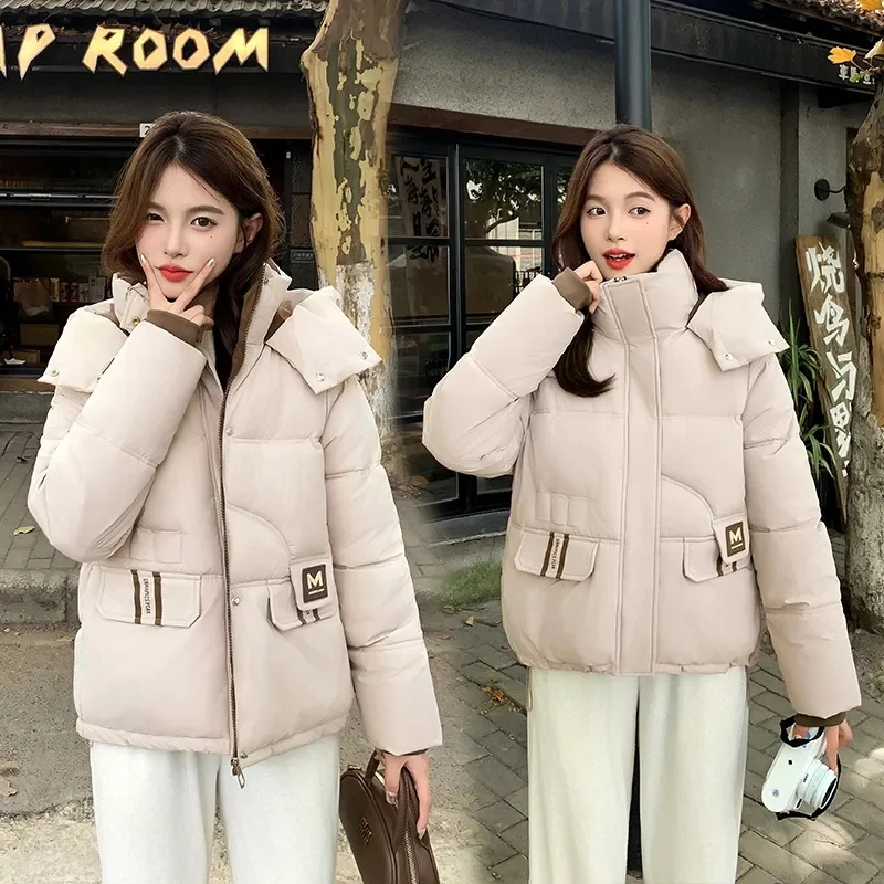 Short Parkas Women Streetwear Cropped Down Coat Korean Sweet Puffer Jacket Winter Solid Casual All Match Cotton Padded Outwear