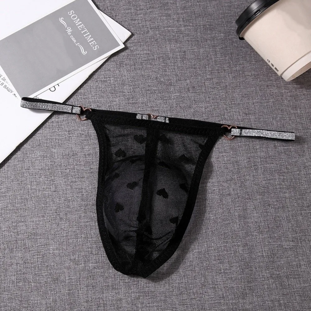 Thin Mesh Men Hollow Thongs Low Waist Love Heart Print Male Transparent Briefs Lingerie Underpants Men's Sheer Panties