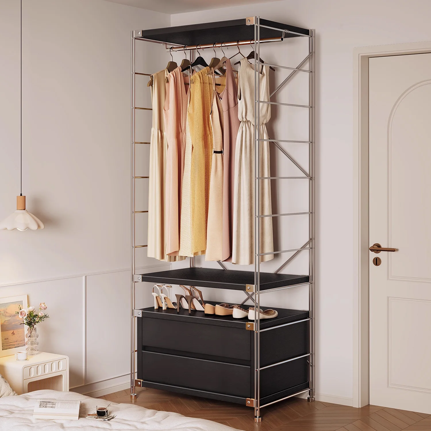 Household small apartment wardrobe bedroom floor-to-ceiling clothes storage rack corner rack rental house open coat rack