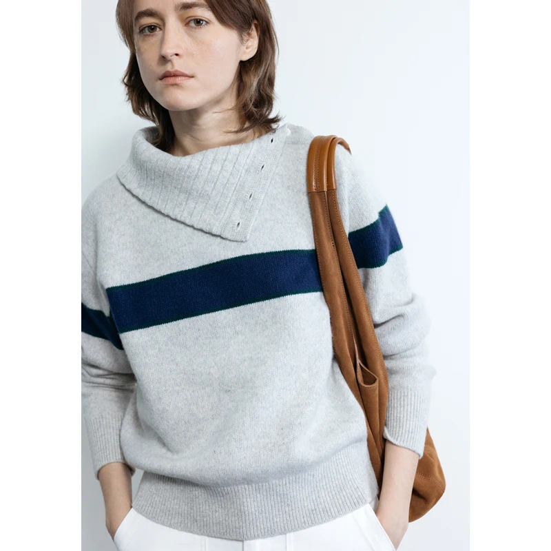 

Корейский модный шерстяной вязаный свитер с высоким воротом, в полоску, с цветовыми блоками, свободного кроя, с пуговицами на плечах, женская премиальная вязаная одежда