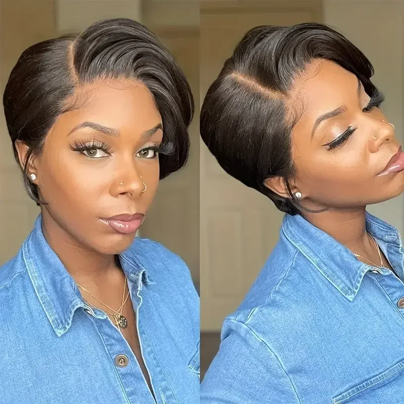 13x4 Lace Wig Side Part Pixie Cut Wigs 100% Virgin Hair Side Part Peruvian Straight Bob Wig Transparent Lace For Black Women