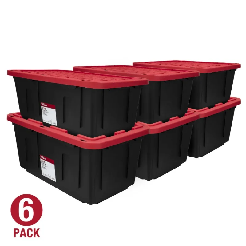 (6 pack) Hyper Tough Large Storage Bin, 27 Gallon Plastic Storage Container with Snap-On Lid, Black and Red