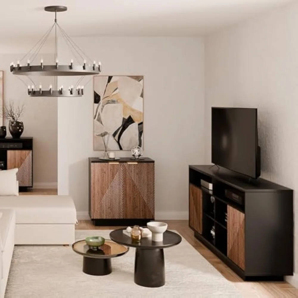 حامل تلفزيون طويل القامة لأجهزة التلفاز حتى 65 بوصة، وحدة تحكم وسائط مركزية للترفيه مع خزائن تخزين وأبواب منزلقة، منتصف السن