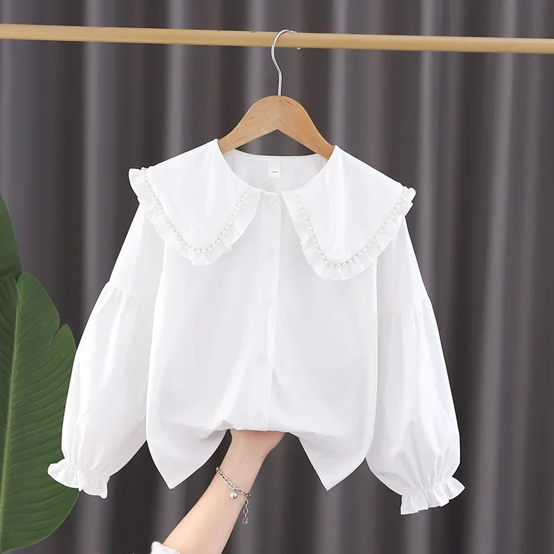 Button-up Cardigan Puff Sleeves Girls Shirt White Children's Daily Shirt Pearl Big Collar Kids' Top Loose Fit Solid Color Kids