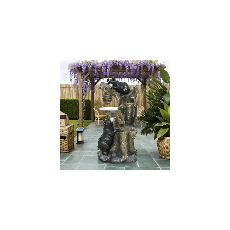 

3-Tier Outdoor Resin Fountain with Bear and Beehive Design, LED Lights & Pump, Waterfall Feature for Garden or Patio