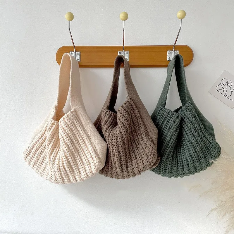 Fashion Crochet Handbag Soft Woolen Knitted Bag For Women Korean Vintage Large Capacity Shoulder Bags Casual Totes Shopping Bag