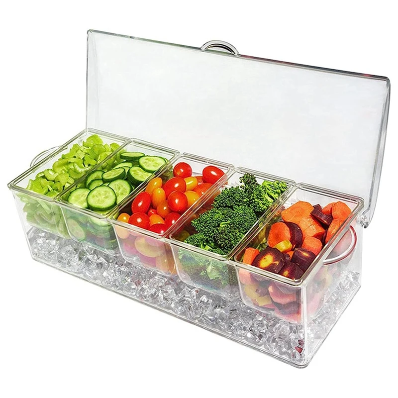 Plastic Fruit Tray On Ice With Lid, Plastic Ingredient Container, Ingredient Box, 5 Compartments, Side Container