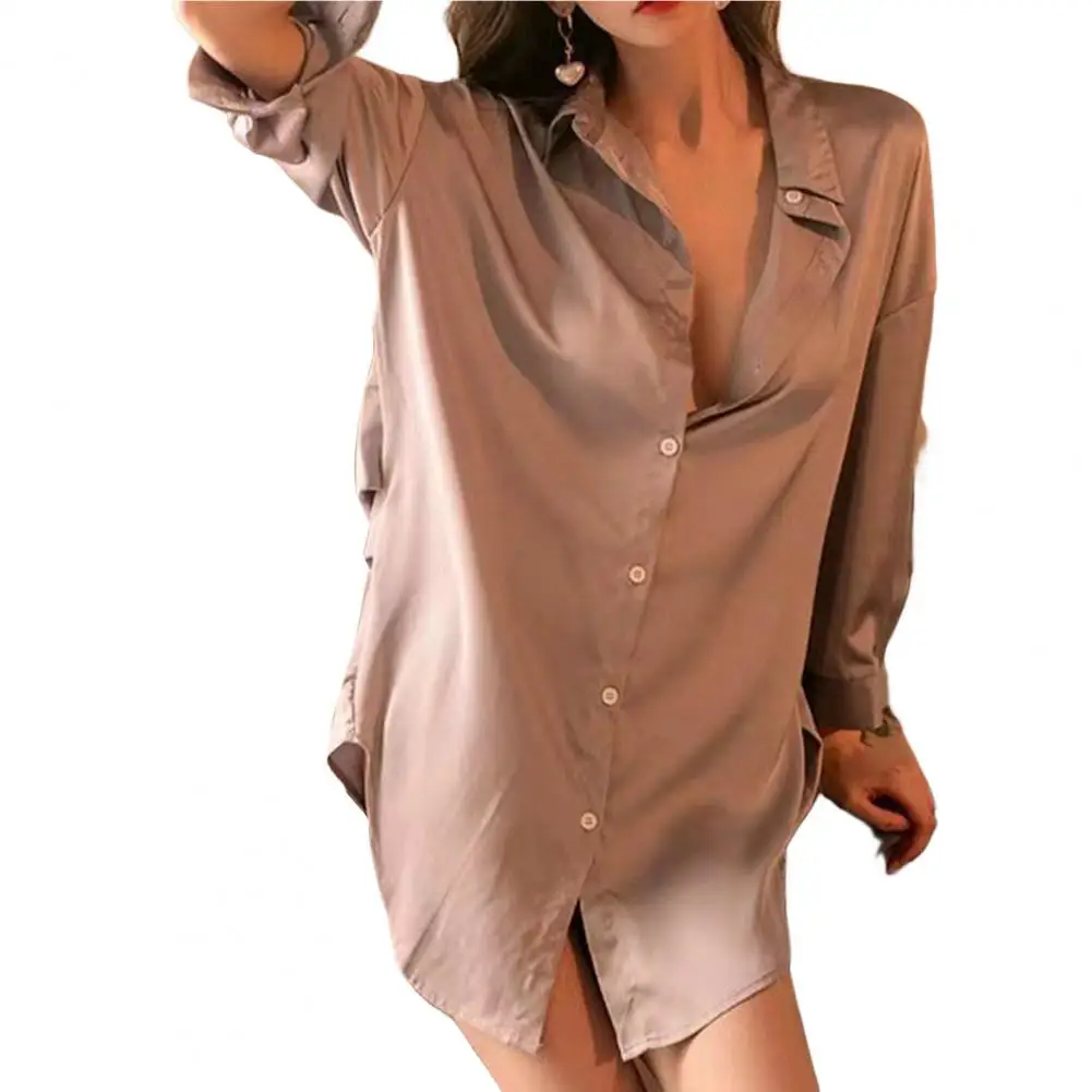 Women Nightdress Turn-down Collar Satin Long Sleeves Warm Loose Single-breasted Irregular Hem Sleeping Shirt