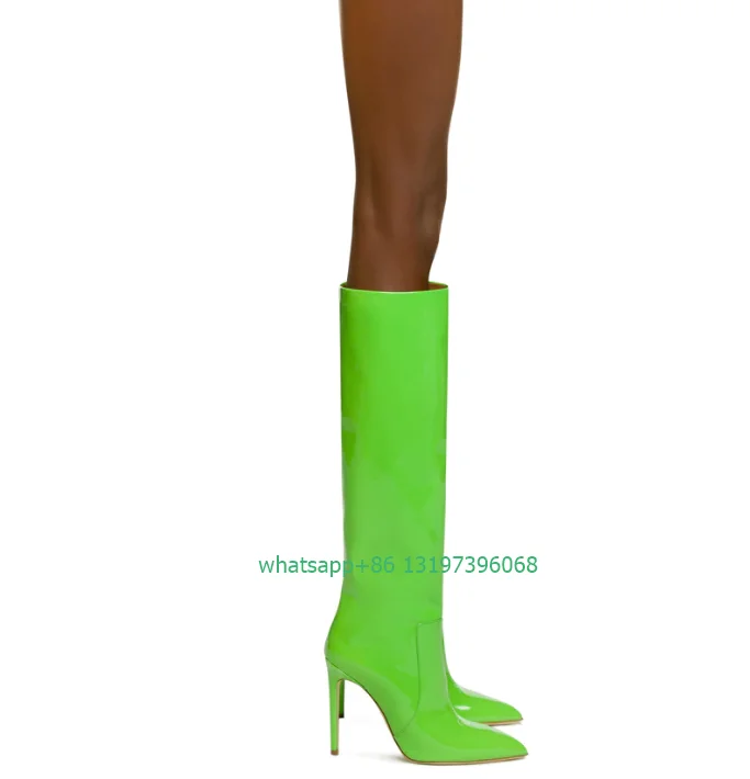 

Lady pink green color patent hot click knee boots pointed toe stiletto heel sexy black boots white causal Y2K style daily boots