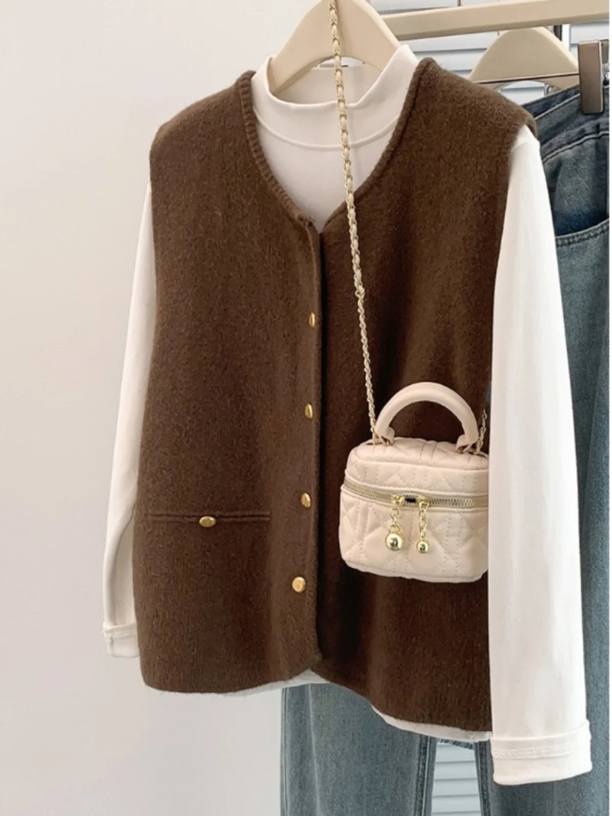 

Ele Gold Button ey Knitted Vest Open Cardigan Women's Loose Outerwear Sweater Vest Autumn New Sle Layering Japanese S...