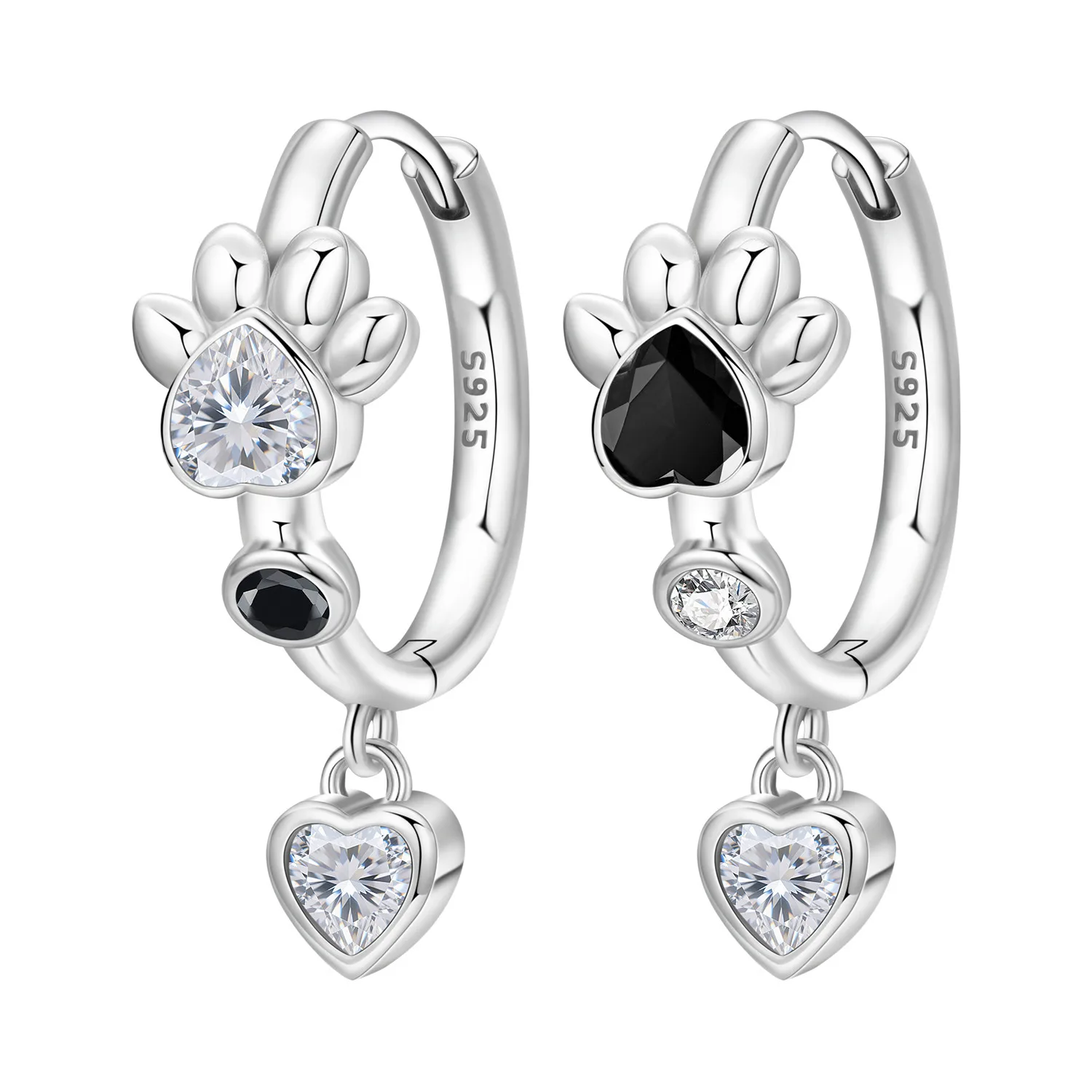 Cycuff 925 Sterling Silver Black White Paw Print Love Heart Drop Earrings Women Earrings Charm Versatile Party Jewelry Gifts